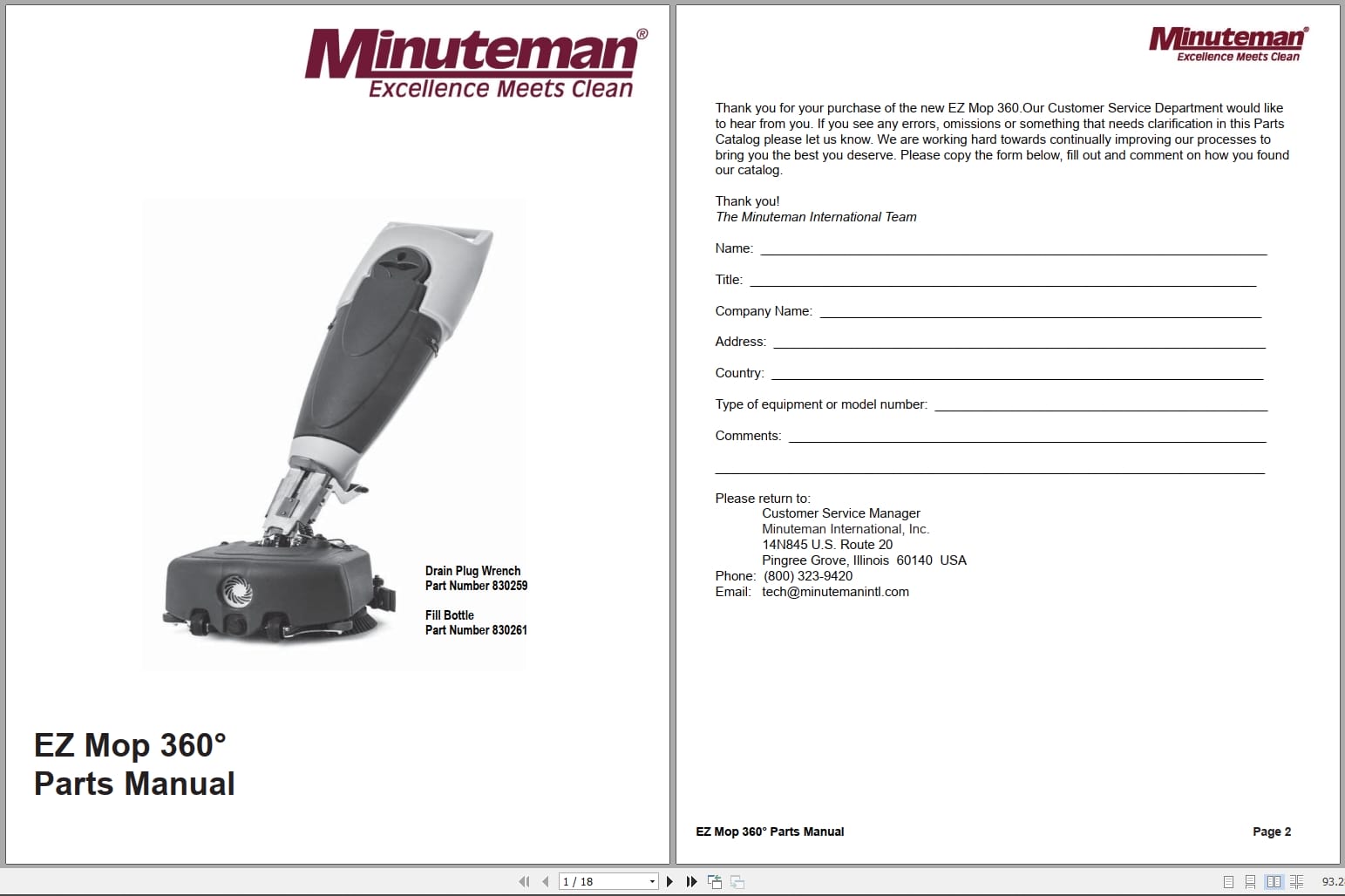 Minuteman Floor Machines EZ Mop 360 User Parts Manual (1)