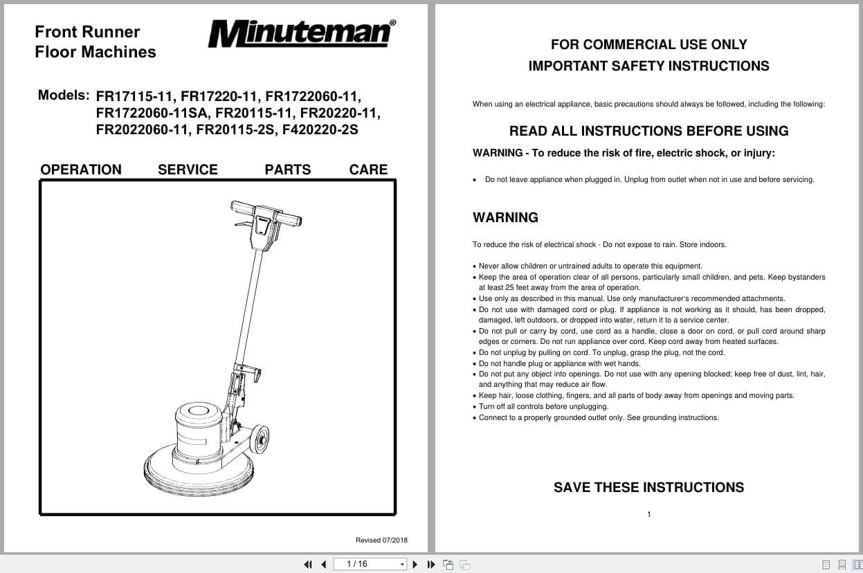 Minuteman Floor Machines FR17115 11 To F420220 2S Operation Service Parts Care 988344 2018 (1)