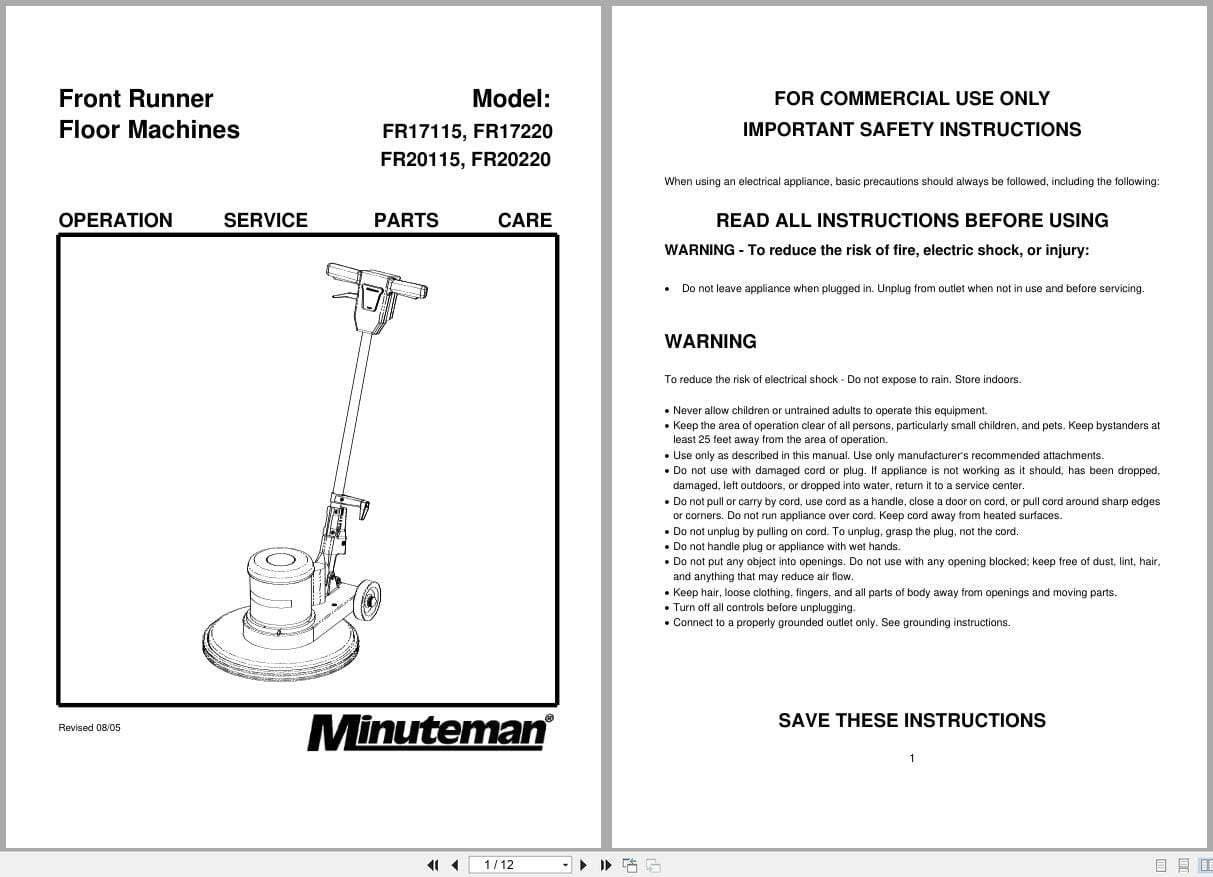 Minuteman Floor Machines FR17115 FR17220 FR20115 FR20220 Operation Service Parts (1)