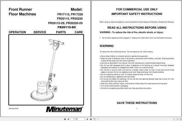 Minuteman Floor Machines Fr17115 Fr20115 Fr20220 Operation Service Parts 988344 2006 (1)