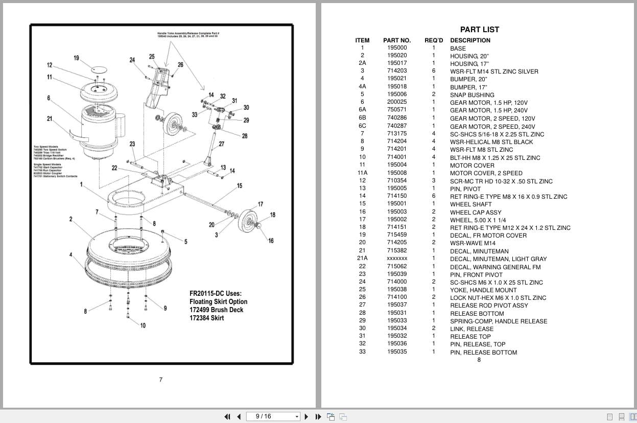 Minuteman Floor Machines FR17115 FR20115 FR20220 Operation Service Parts 988344 2006 (2)