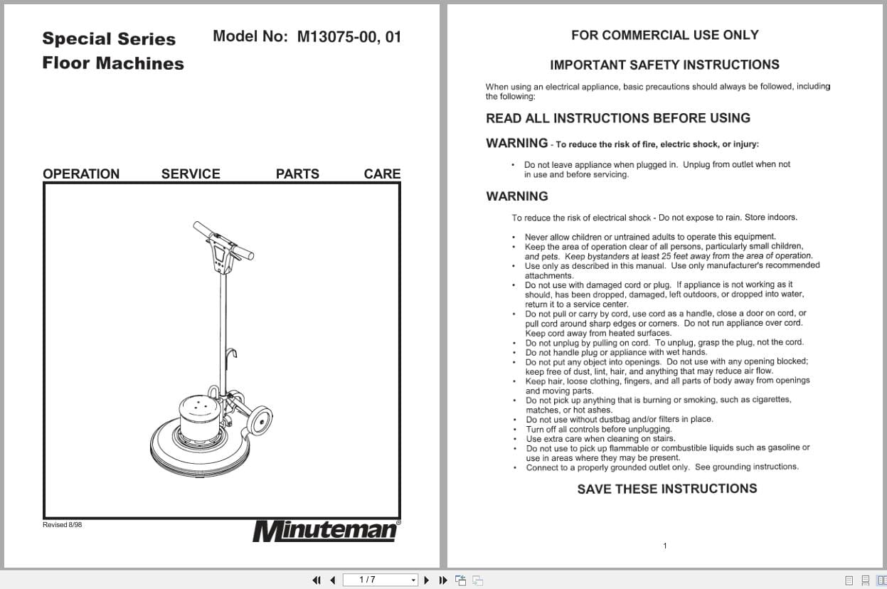 Minuteman Floor Machines M13075 00 M13075 01 Operation Service Parts Care 986301 (1)