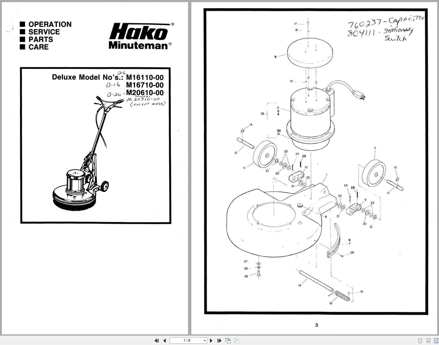 Minuteman Floor Machines M16110 M20710 M20610 Operation Service Parts Care 986502 (1)