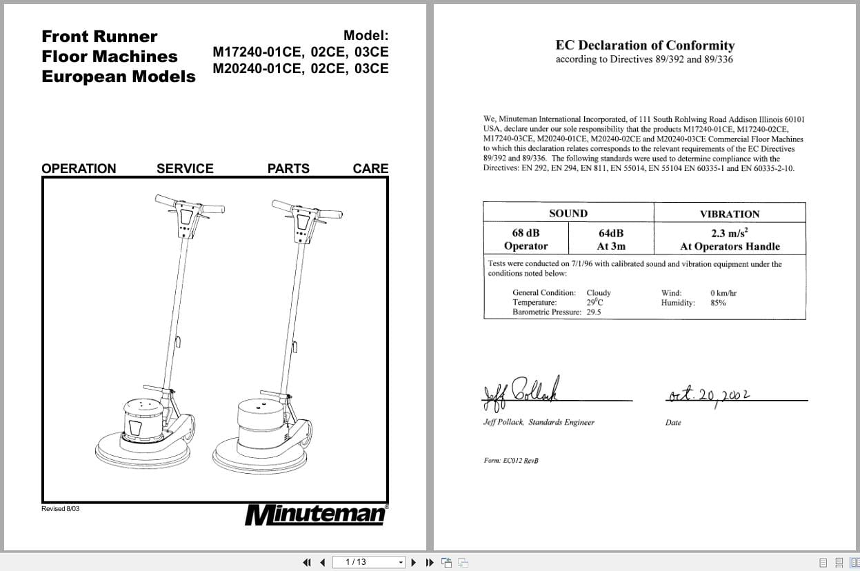 Minuteman Floor Machines M17240 M20240 Operation Service Parts Care 988342CE 2003 (1)