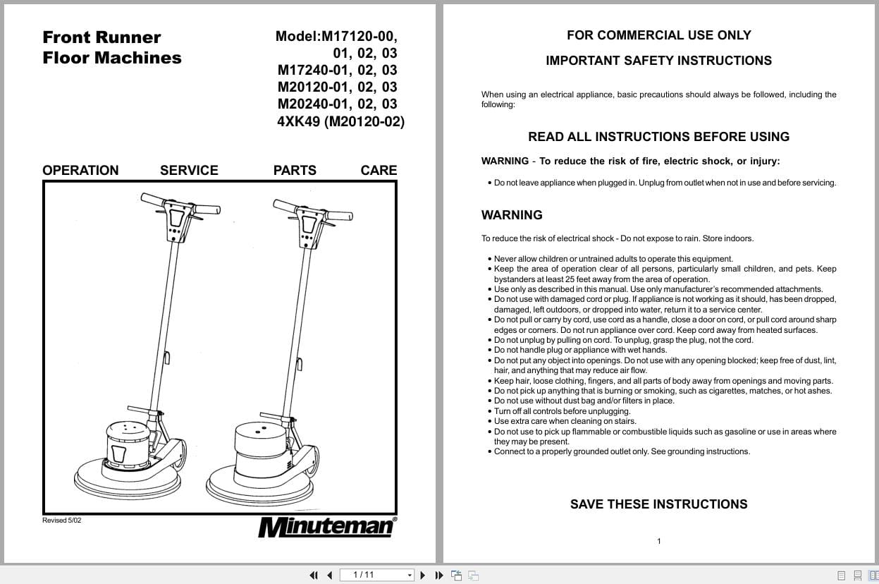 Minuteman Floor Machines M20120 M17120 Operation Service Parts (1)