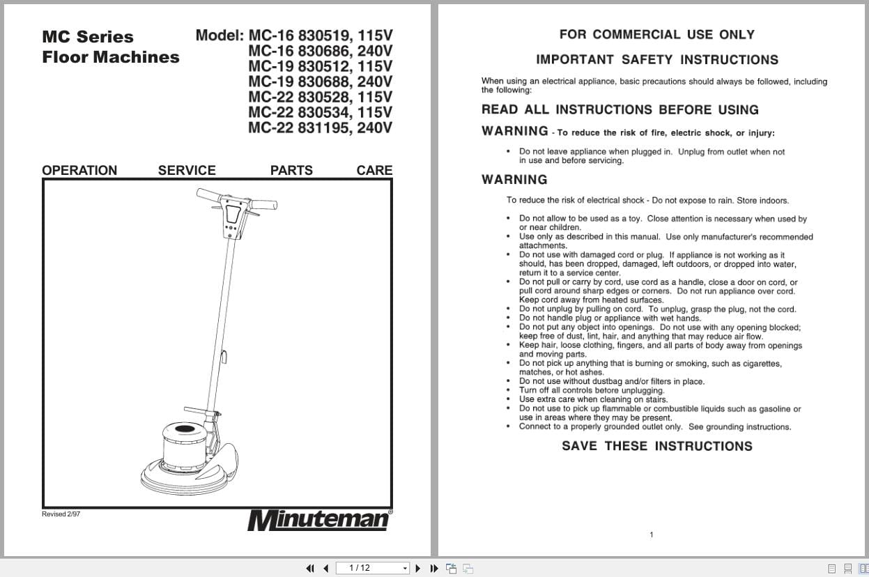 Minuteman Floor Machines MC Series Operation Service Parts Care (1)
