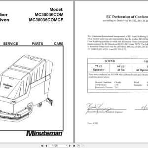 Minuteman Floor Scrubber Traction Driven 380 MC38036COM MC38036COMCE Operation Parts Service Care 987612 2002 (1)