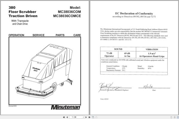 Minuteman Floor Scrubber Traction Driven 380 Mc38036Com Mc38036Comce Operation Parts Service Care 987612 2002 (1)