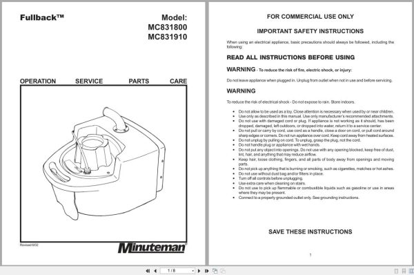 Minuteman Fullback MC831800 MC831910 Operation Service Parts Care 987310 2002 (1) Minuteman Fullback Mc831800 Mc831910 Operation Service Parts Care 987310 2002 (1)