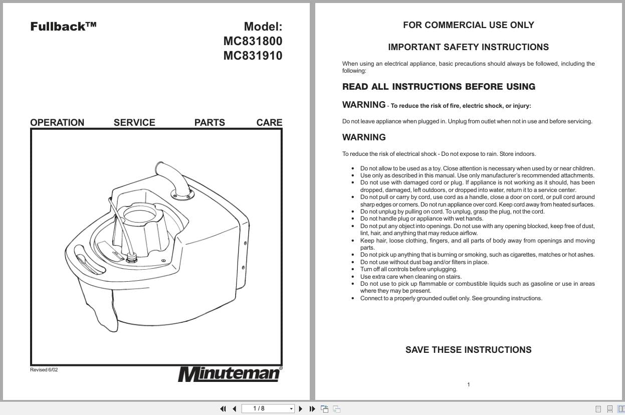 Minuteman Fullback MC831800 MC831910 Operation Service Parts Care 987310 2002 (1)