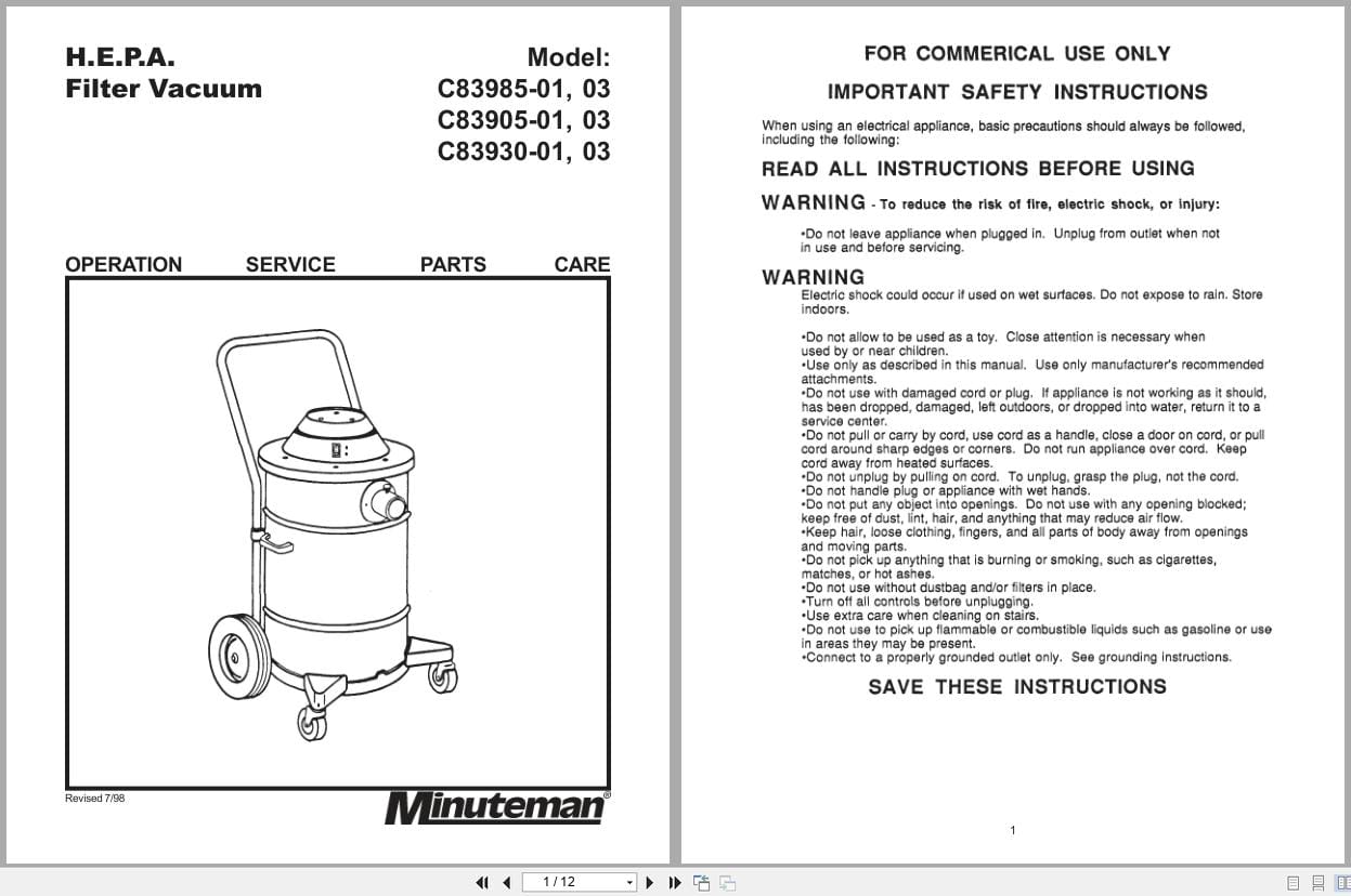 Minuteman HEPA Vacuum C83985 C83905 C83930 Operation Service Parts Care 987850 (1)