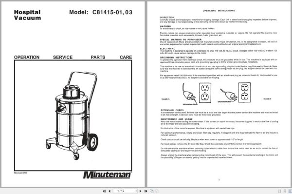 Minuteman Hospital Vacuum C81415 01 C81415 03 Operation Service Parts Care 987834 2002 (1)