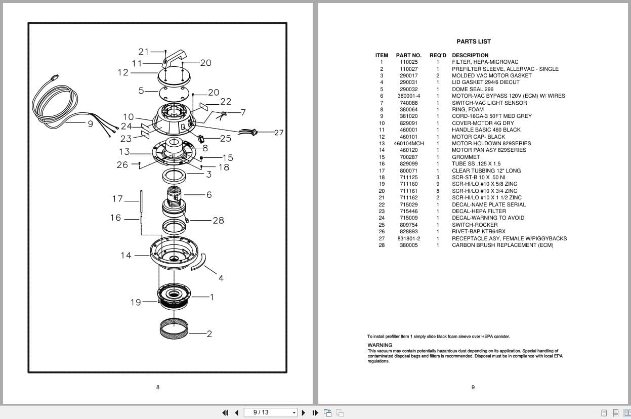 Minuteman Micro Vacuum C82904 07 Operation Service Parts 987620 2006 (2)