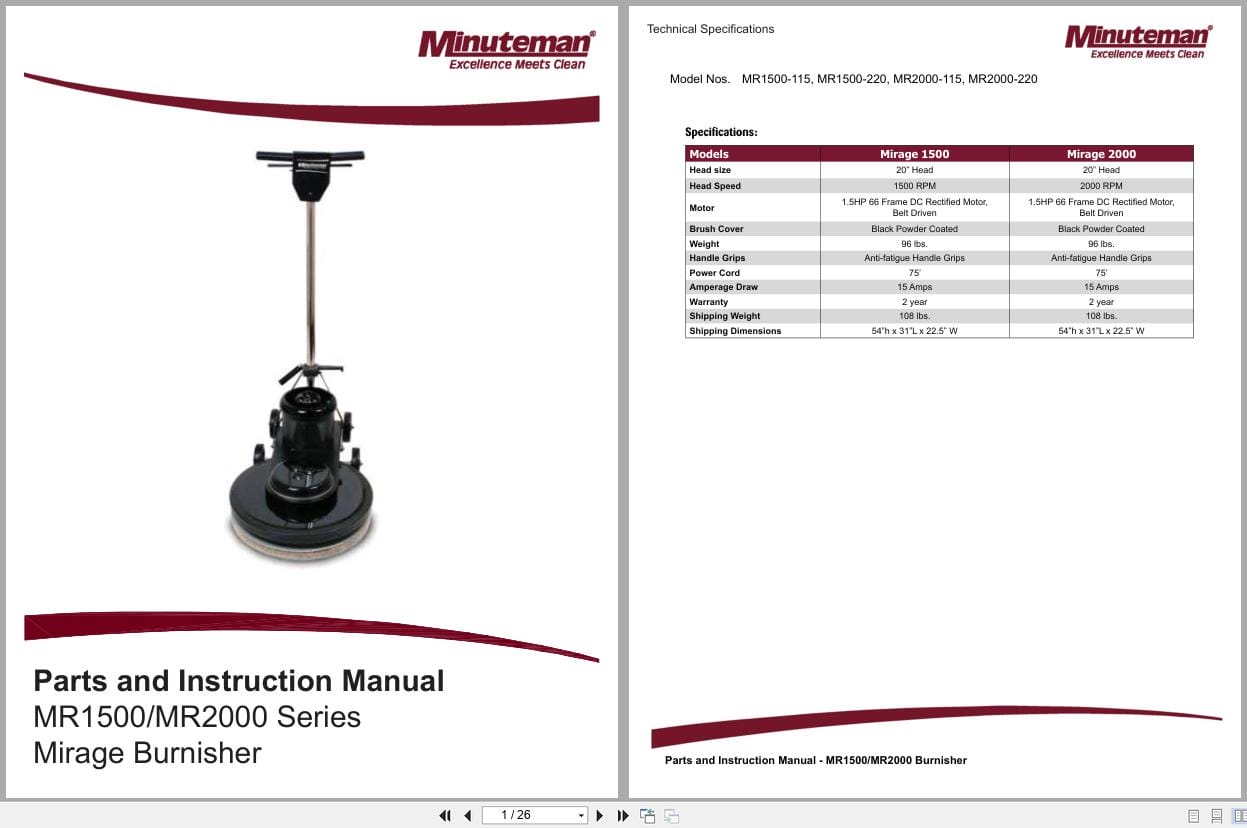Minuteman Mirage Burnisher MR1500 115 To MR2000 220 Parts Instruction Manual 988753 2016 (1)