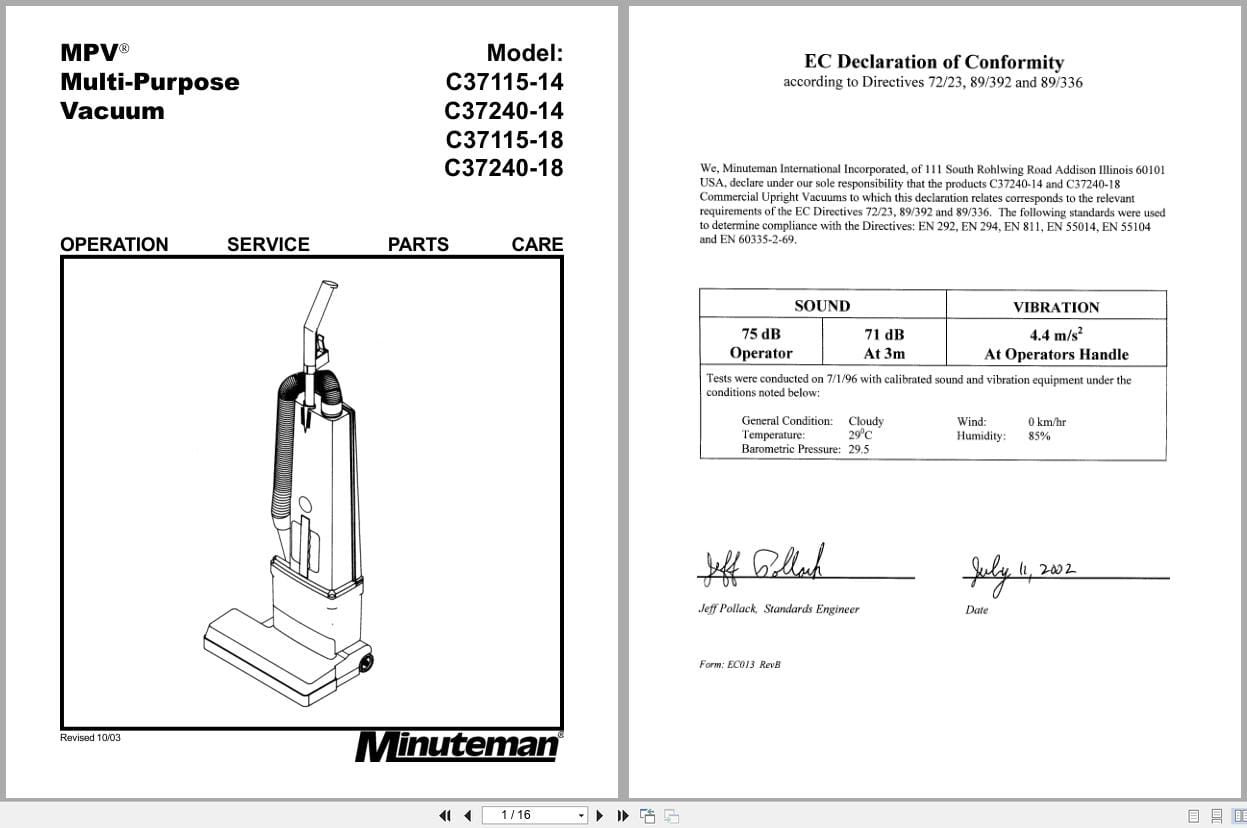 Minuteman Multi Purpose Vacuum MPV 14 18 Operation Service Parts Care (1)