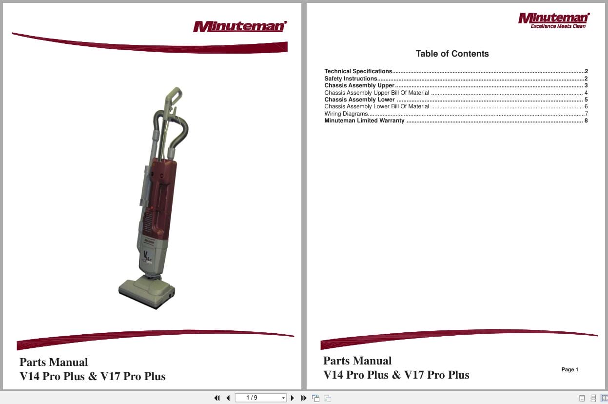 Minuteman Multi Purpose Vacuum V14 Pro Plus V17 Pro Plus Parts Manual 988723 2008 (1)