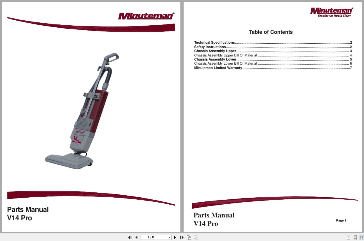 Minuteman Multi Purpose Vacuum V14 Pro V14115P Parts Manual 988723 2008 (1)