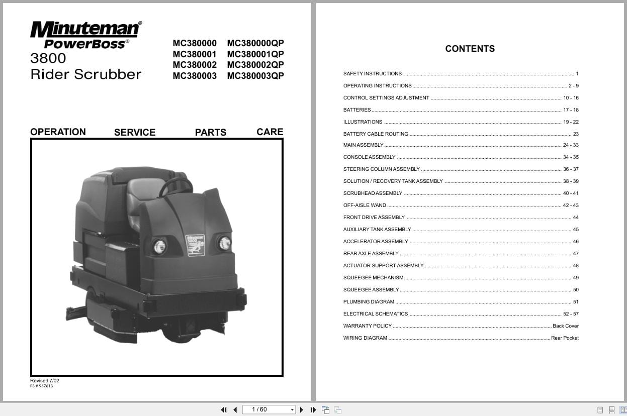 Minuteman PowerBoss Sweeper Scrubber 3800 Operation Service Parts 987613 2002 (1)