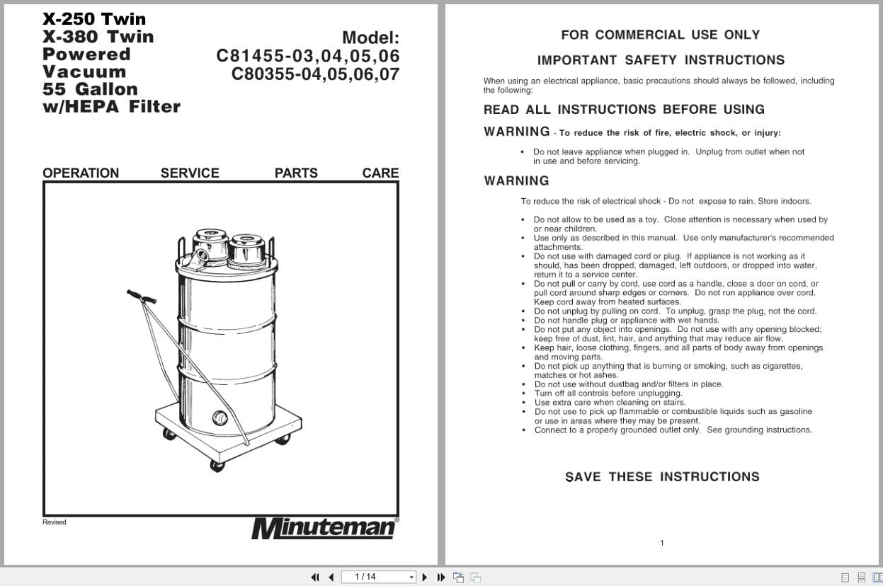 Minuteman Powered Vacuum C81455 03 To C80355 07 Operation Service Parts 983835 (1)