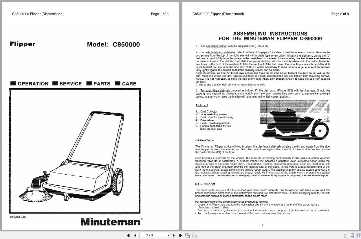 Minuteman Rider Sweeper Flipper C850000 Operation Service Parts 984902 (1)