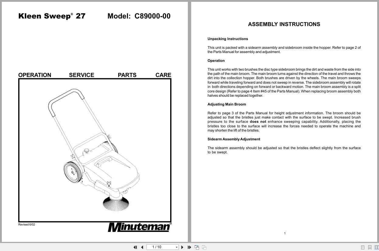 Minuteman Rider Sweeper Kleen Sweep 27 C89000 00 Operation Service Parts (1)