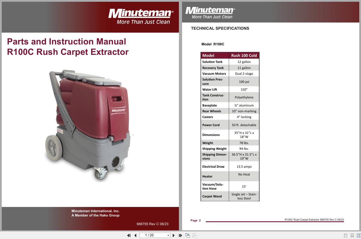 Minuteman Rush Carpet Extractor R100C Parts Instruction Manual 988755 (1)
