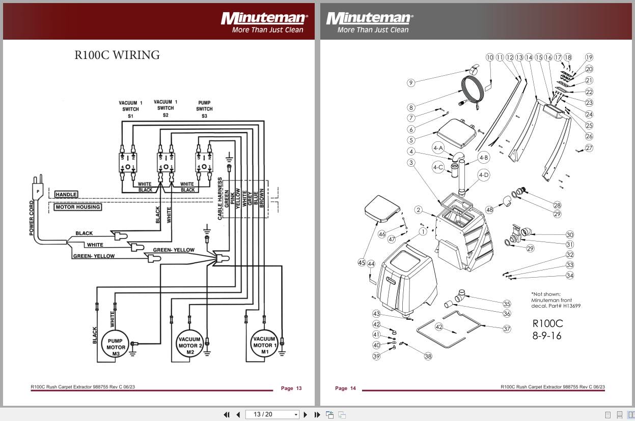Minuteman Rush Carpet Extractor R100C Parts Instruction Manual 988755 (2)