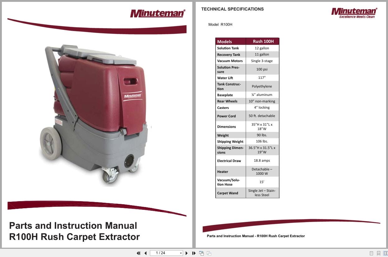Minuteman Rush Carpet Extractor R100H Parts Instruction Manual 988756 (1)