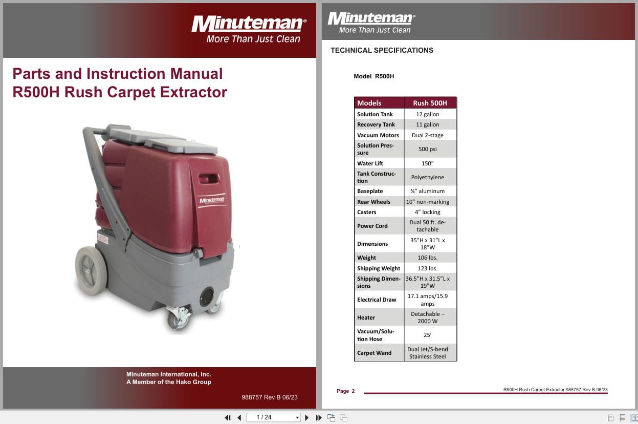 Minuteman Rush Carpet Extractor R500H Parts Instruction Manual 988757 (1)