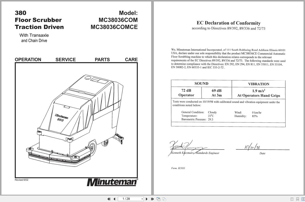 Minuteman Scrubber 380 MC38036COM MC38036COMCE Operation Service Parts 987612 2002 (1)