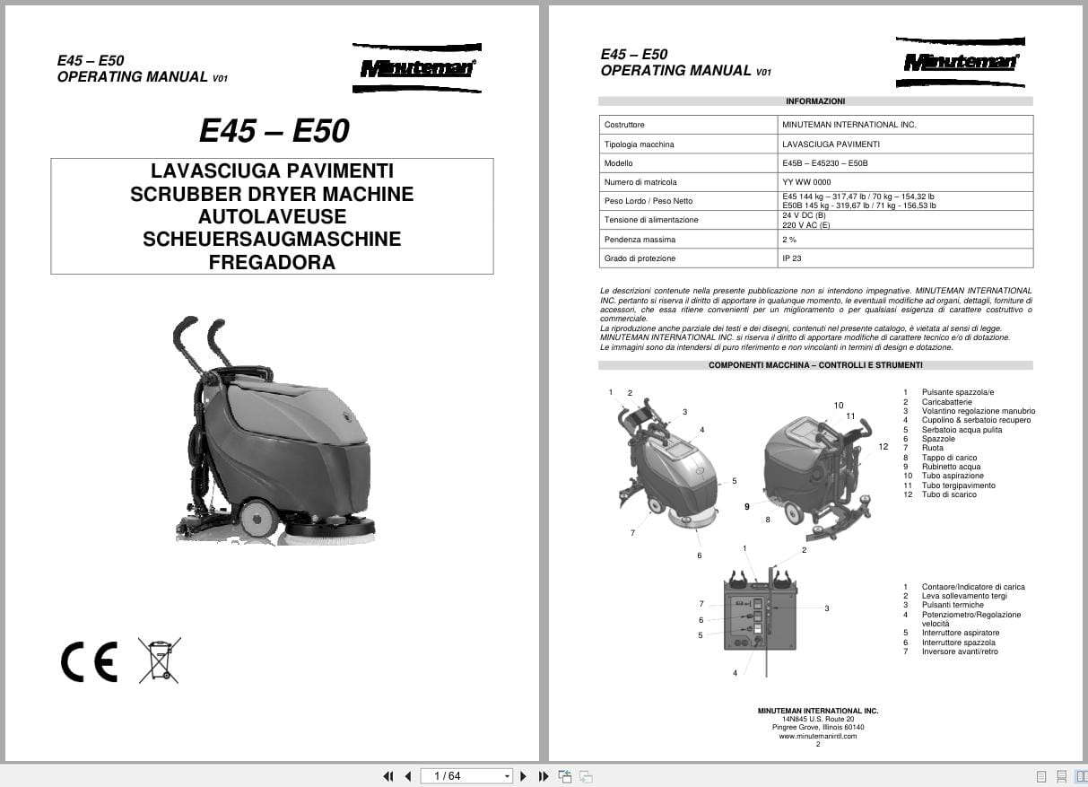 Minuteman Scrubber Dryer Machine E45 E50 Operating Parts Manual IT EN FR DE ES (1)