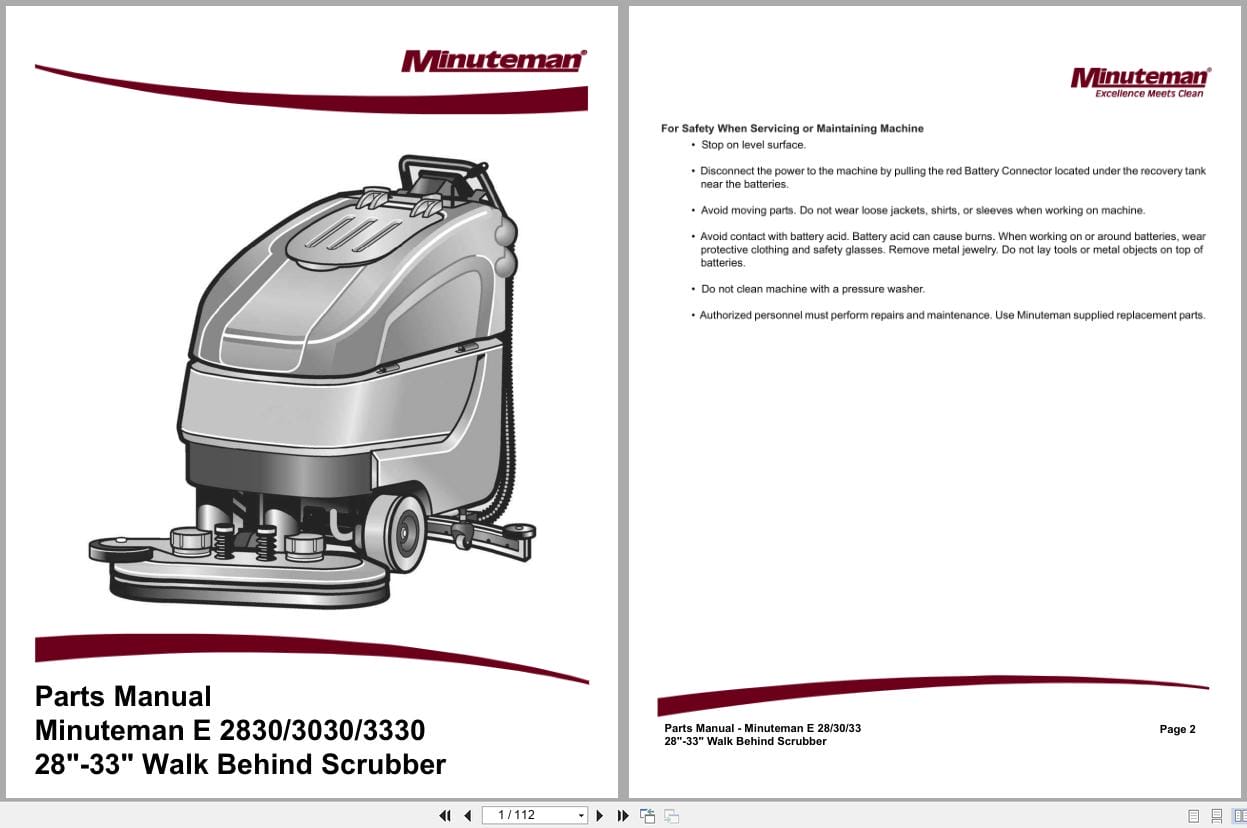 Minuteman Scrubber E28 E30 E33 28 33Inch Parts Manual 988745 2018 (1)