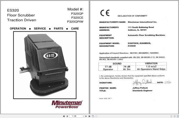 Minuteman Scrubber Es320 P320Qp P320Ce P320Qpiw Operation Service Parts 988031 2006 (1)