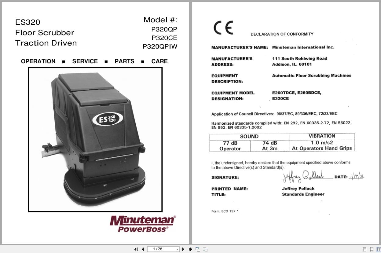Minuteman Scrubber ES320 P320QP P320CE P320QPIW Operation Service Parts 988031 2006 (1)