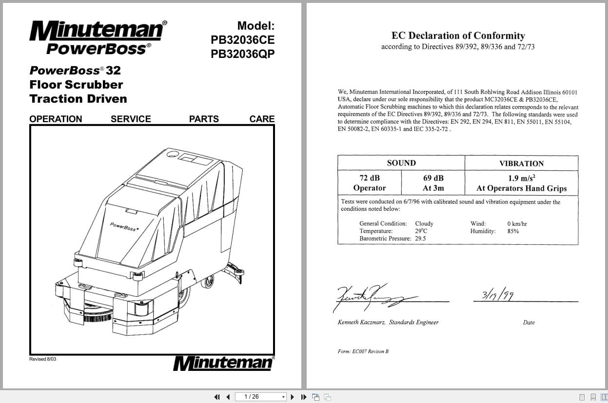 Minuteman Scrubber PB32036CE PB32036QP Operation Service Parts 988324 2003 (1)