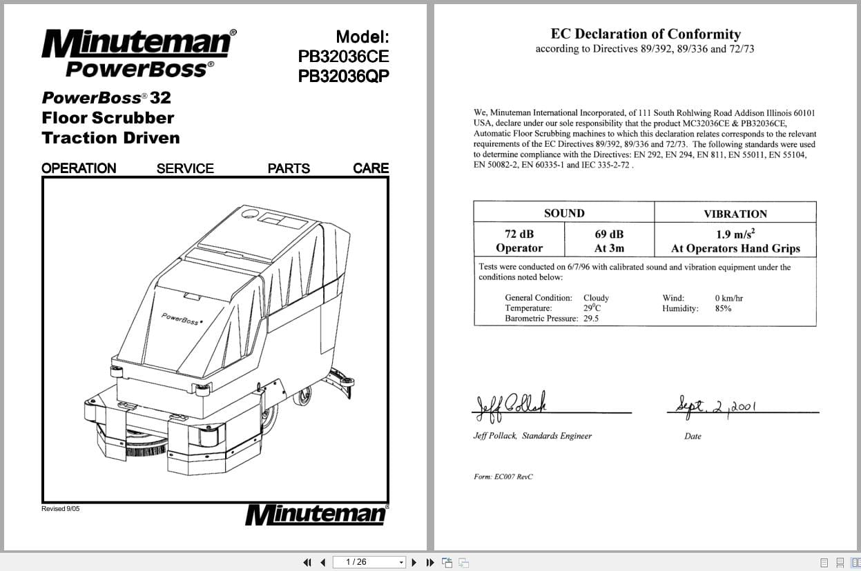 Minuteman Scrubber PB32036CE PB32036QP Operation Service Parts 988324 2005 (1)