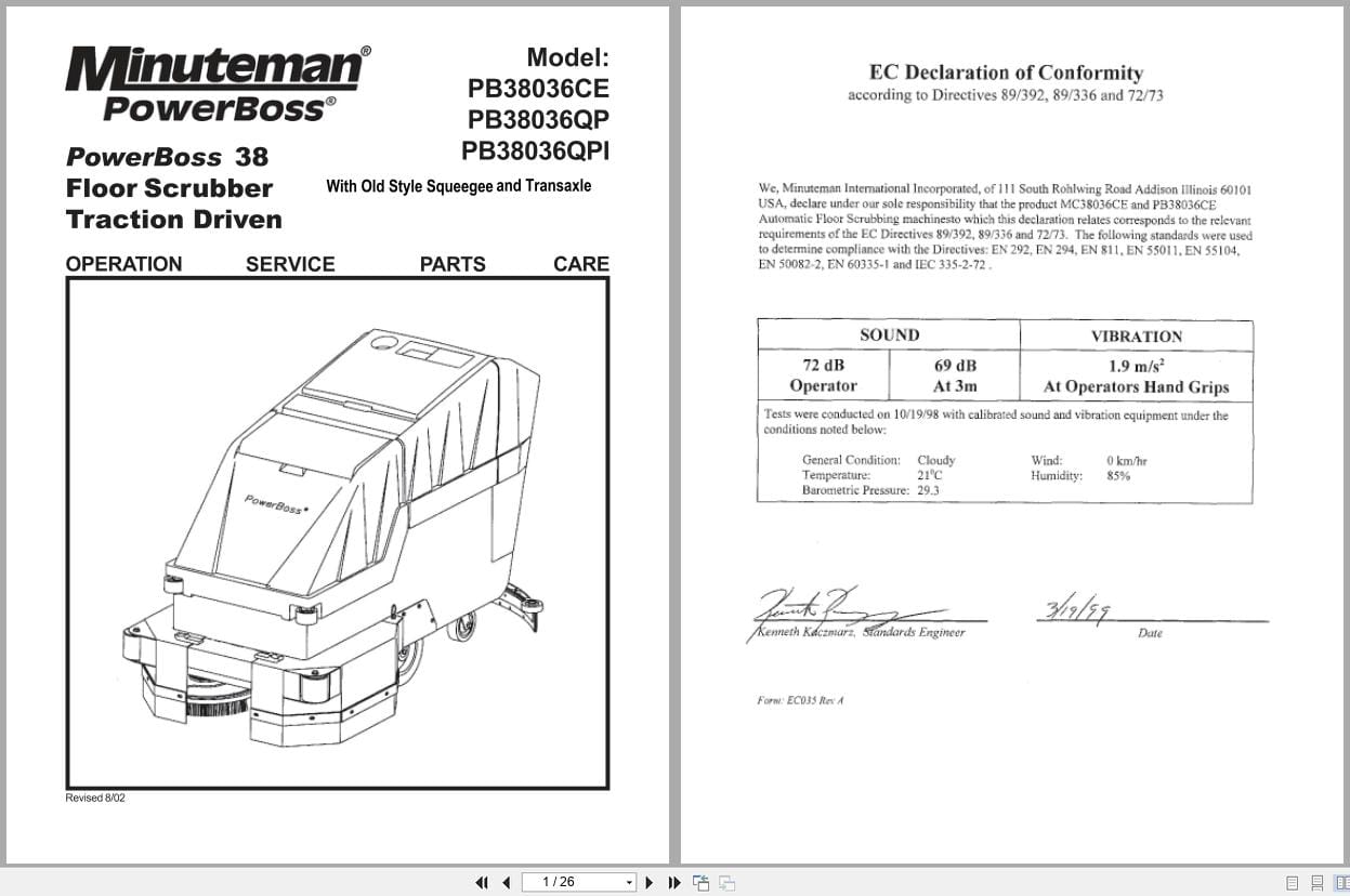 Minuteman Scrubber PB38036CE PB38036QP PB38036QPI Operation Service Parts 987614 2002 (1)