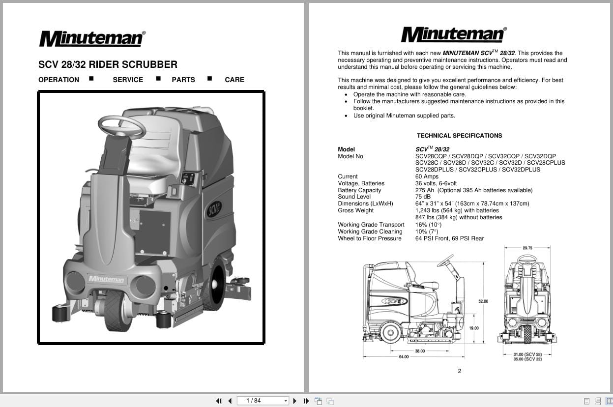 Minuteman Scrubber Sport SCV 28 32 Series Operation Parts Manual Trouble Codes (1)