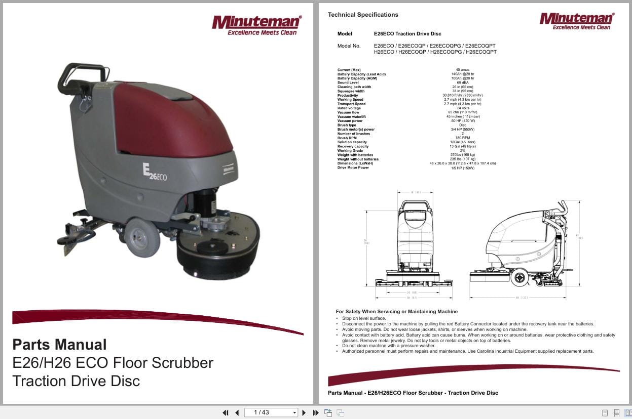 Minuteman Scrubber Traction Drive Disc E26ECO H26ECO Series Parts Manual And Electrical Schematic 988737 2016 (1)