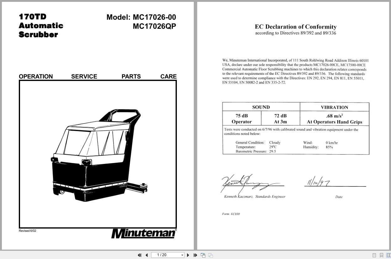 Minuteman Scrubber Walk Behind 170 Series Operation Service Parts Care (1)