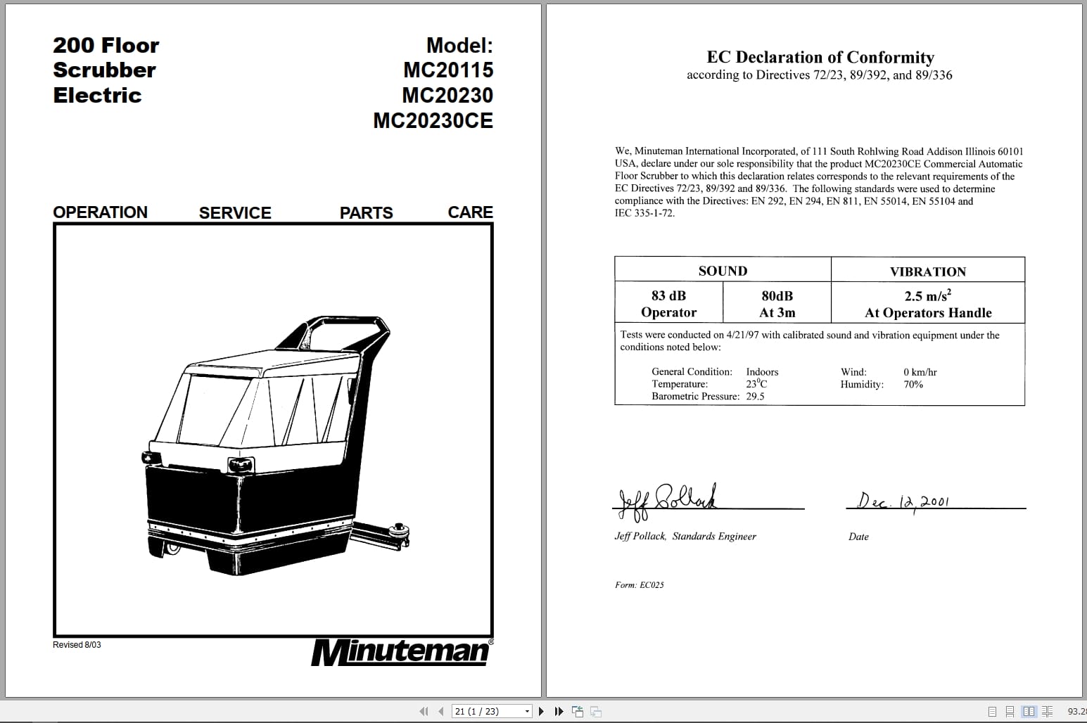 Minuteman Scrubber Walk Behind 200 Series Operation Service Parts Care (1)