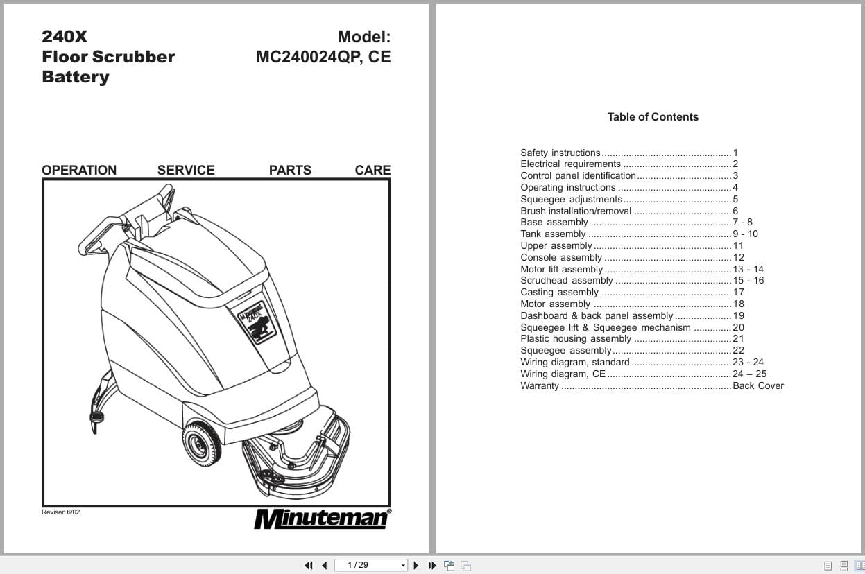 Minuteman Scrubber Walk Behind 240X Series Operation Service Parts Care (1)