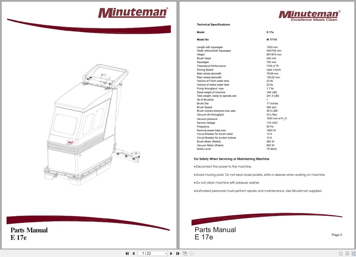 Minuteman Scrubber Walk Behind E17e M17115 Electric Roots Version Parts Manual 3270008 2008 (1)