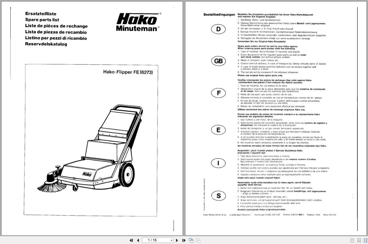 Minuteman Sweeper Hako Flipper FE 6273 Spare Parts List DE EN FR (1)