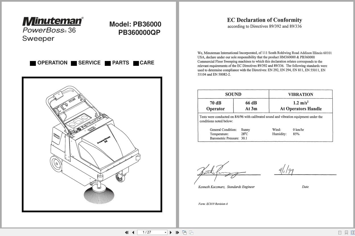 Minuteman Sweeper PB36000 PB360000QP Operation Service Parts 984007 (1)