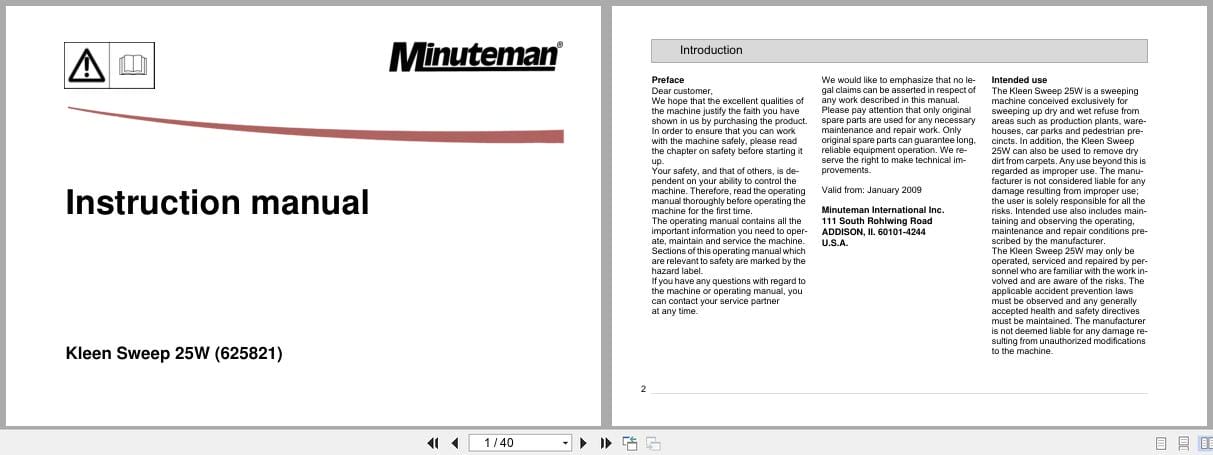 Minuteman Sweepers Walk Behind Kleen Sweep 25W 625821 Instruction Manual 88 10 2853 (1)