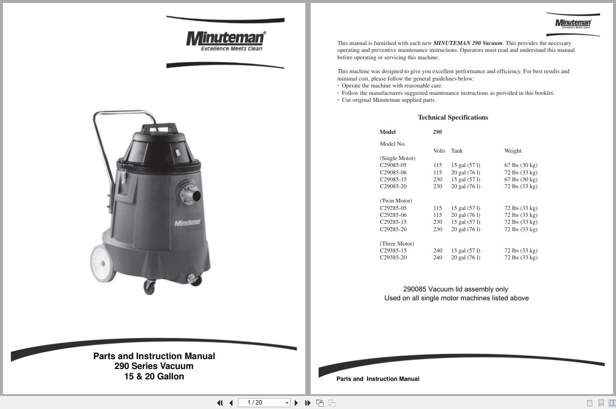 Minuteman Tank Vacuum 290 Series Parts Instruction Manual (1)