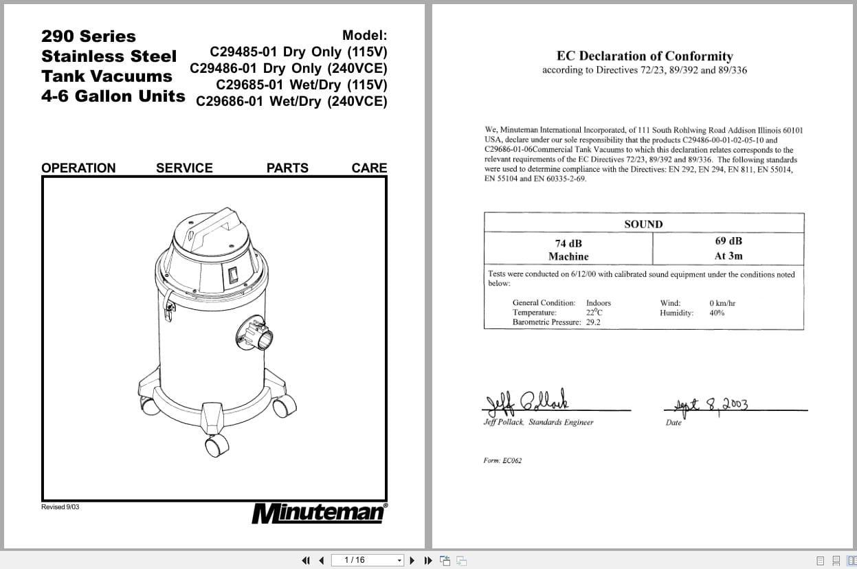 Minuteman Tank Vacuums 290 Series Operation Service Parts 987216 2003 (1)