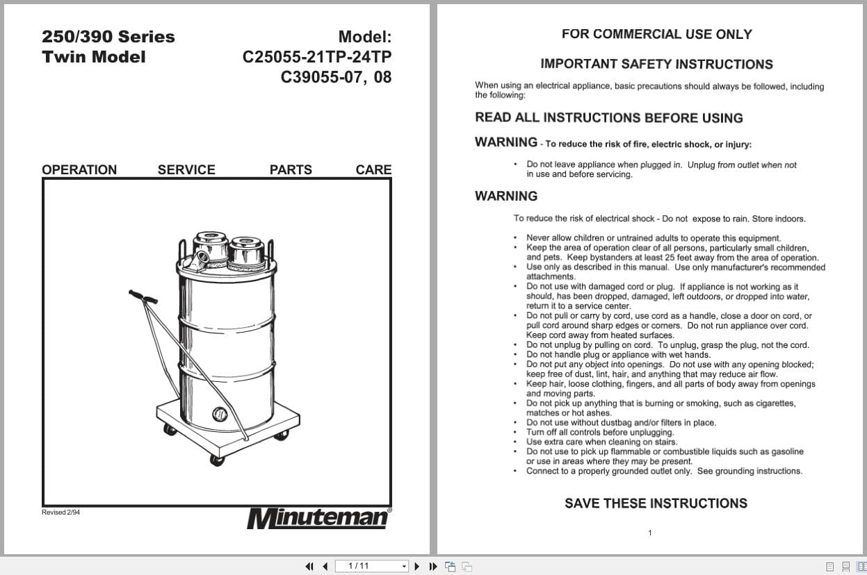 Minuteman Tank Vacuums C25055 21TP 24TP C39055 Operation Service Parts 987885 (1)