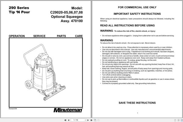 Minuteman Tank Vacuums C29020 Operation Service Parts 987208 2004 (1)